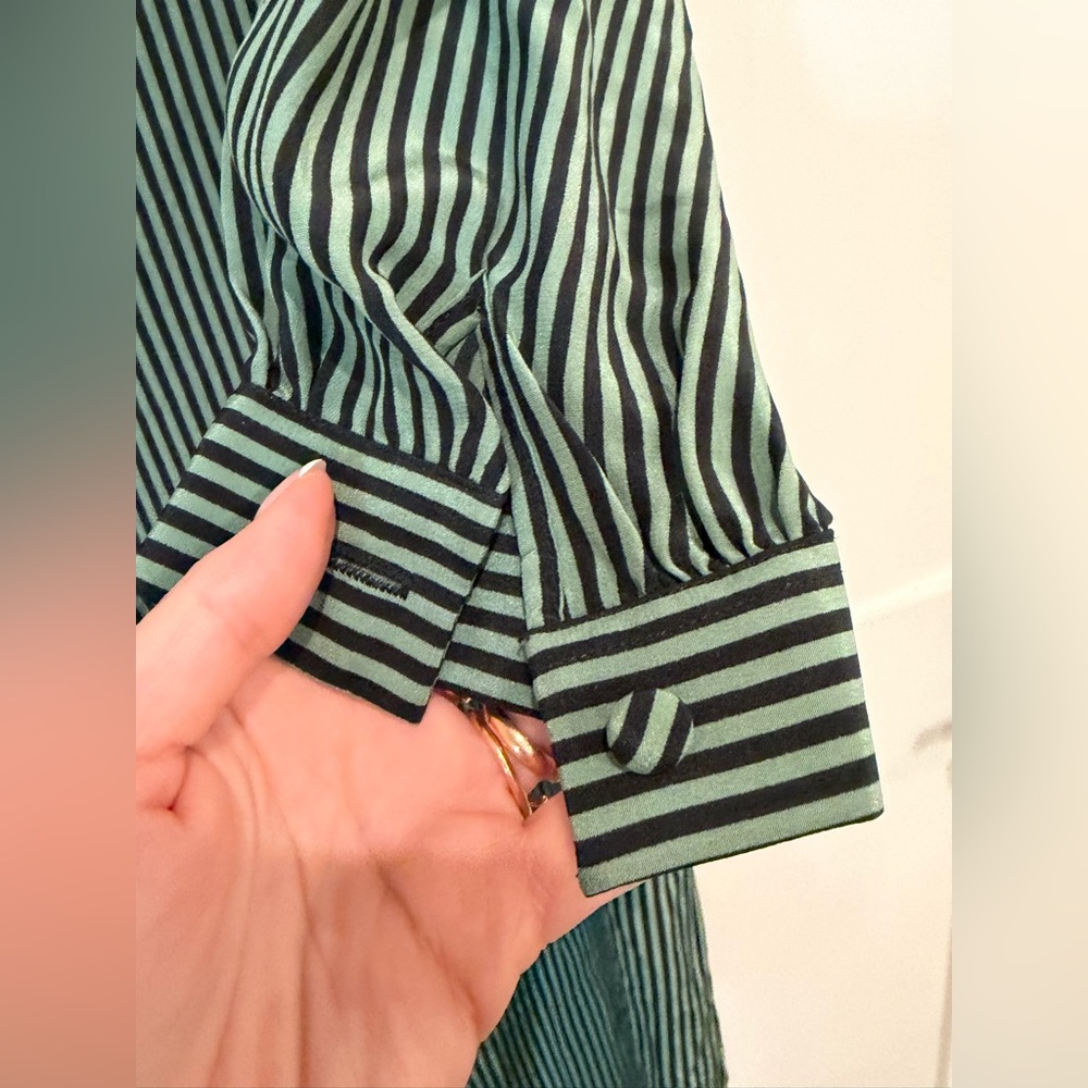 LANVIN Vintage Silk Dark Green Striped Long Sleeve Button Front Dress Size 10 - Picture 10 of 15